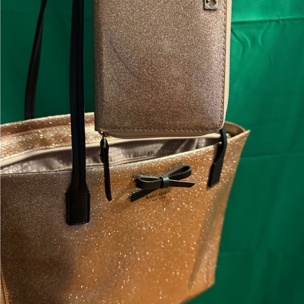 Kate Spade Rose Gold Glitter Tote with zip around wallet